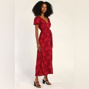 Compelling Love Wine Red Jacquard Short Sleeve Maxi Dress